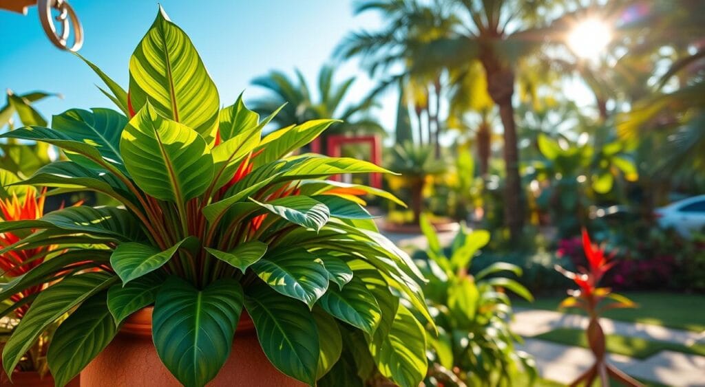 A vibrant display of tropical plants thriving in a bright, sunlit outdoor setting, featuring large, lush leaves in various shades of green, such as Monstera, Bird of Paradise, and Philodendron. In the foreground, showcase a large ceramic pot overflowing with a colorful array of these plants, their leaves catching the sunlight. The middle ground includes a beautifully landscaped garden with additional tropical species, arranged harmoniously to create depth and interest. The background shows a clear blue sky and gentle sunlight filtering through the trees, casting soft shadows. The atmosphere conveys a sense of tranquility and rejuvenation, inviting viewers to imagine themselves in this delightful garden space.