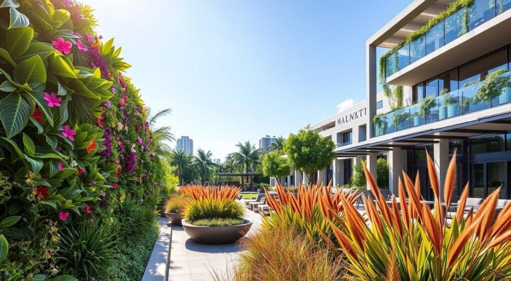 A vibrant urban landscape showcasing innovative landscaping trends for 2026 in Brazil. In the foreground, a lush vertical garden featuring a variety of tropical plants and flowers, expertly arranged to enhance aesthetics and functionality. The middle ground includes modern outdoor seating areas with eco-friendly materials, surrounded by colorful ornamental grasses swaying gently in the breeze. In the background, glimpses of contemporary architecture complement the landscape, with large windows reflecting the greenery outside. Soft, natural lighting cascades from a clear blue sky, creating a warm and inviting atmosphere. The scene captures a bustling, harmonious blend of nature and design, inviting viewers to explore the latest in sustainable landscaping.